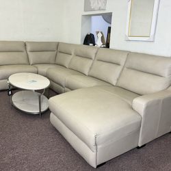 Furniture- 5 Pc 100% Real Top Grain Leather Sectional With 2 Power Recliners- Gabrine