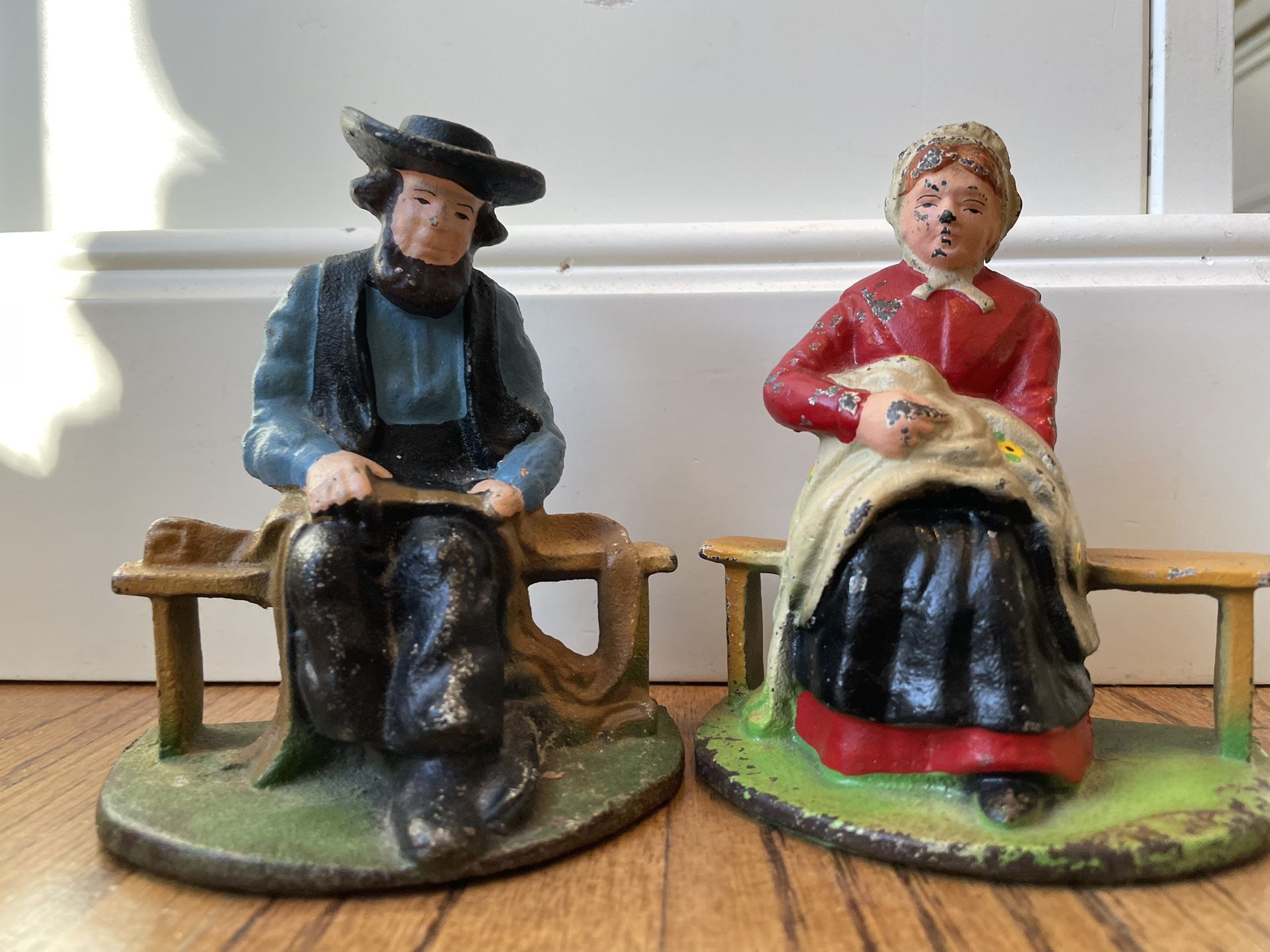 Vintage Amish Husband and Wife Bookends Cast Iron Painted 5"Door Stop/Book End. Condition is pre owned and show expected signs of wear from age as the