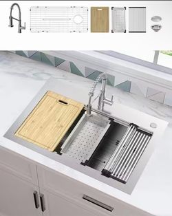 Dolancourt Tight Radius 33 in. Drop-In Single Bowl 18G Stainless Steel Workstation Kitchen Sink with Spring Neck Faucet