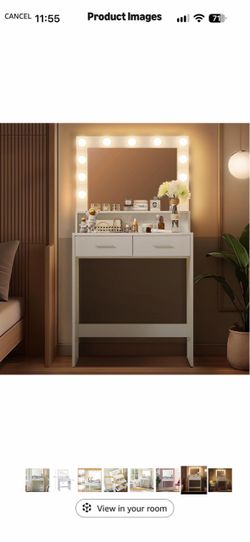 White Vanity Desk with Lighted Mirror and Drawers