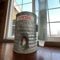 Vintage ARCTIC 3 Gallon Galvanized Metal Insulated Water Cooler with cup dispenser 