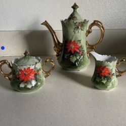 Lefton Poinsettia Holly Christmas Tea Pot, Creamer, Sugar Bowl