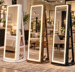 LED Mirror Jewelry Cabinet Standing, Adjustable Lights, Lockable Jewelry Armoire