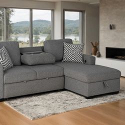 Sectional With Drop-down Table W USB - A & USB -C Charging Ports, Chaise W Storage And Pull Out Sleeper 