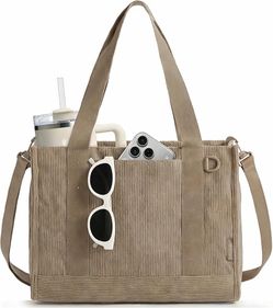 BAGSMART Corduroy Tote Bag for Women, Small College Teacher Laptop Handbag Fits 14 inch Laptop, 40oz Tumbler Holder, Soft Corduroy Bag with Crossbody