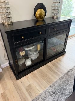 Black Wood Sideboard Buffet Cabinet with Glass Doors