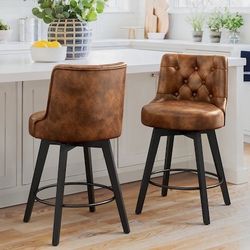 Set Of 2 LUE BONA Brown 26-in H Counter height Upholstered Swivel Wood Bar Stoo