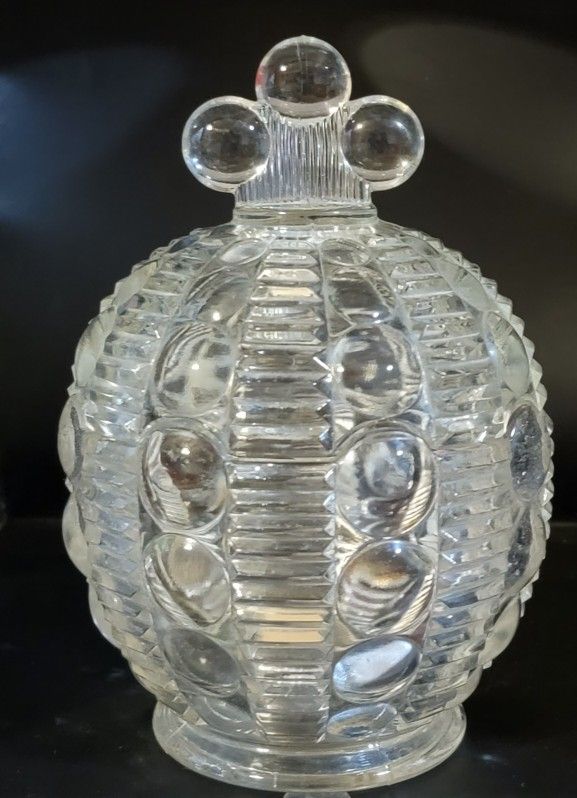 Indiana Glass Co Candy Dish Jar With Lid Tiara Button And Ridge 7" Tall 5" Wide
