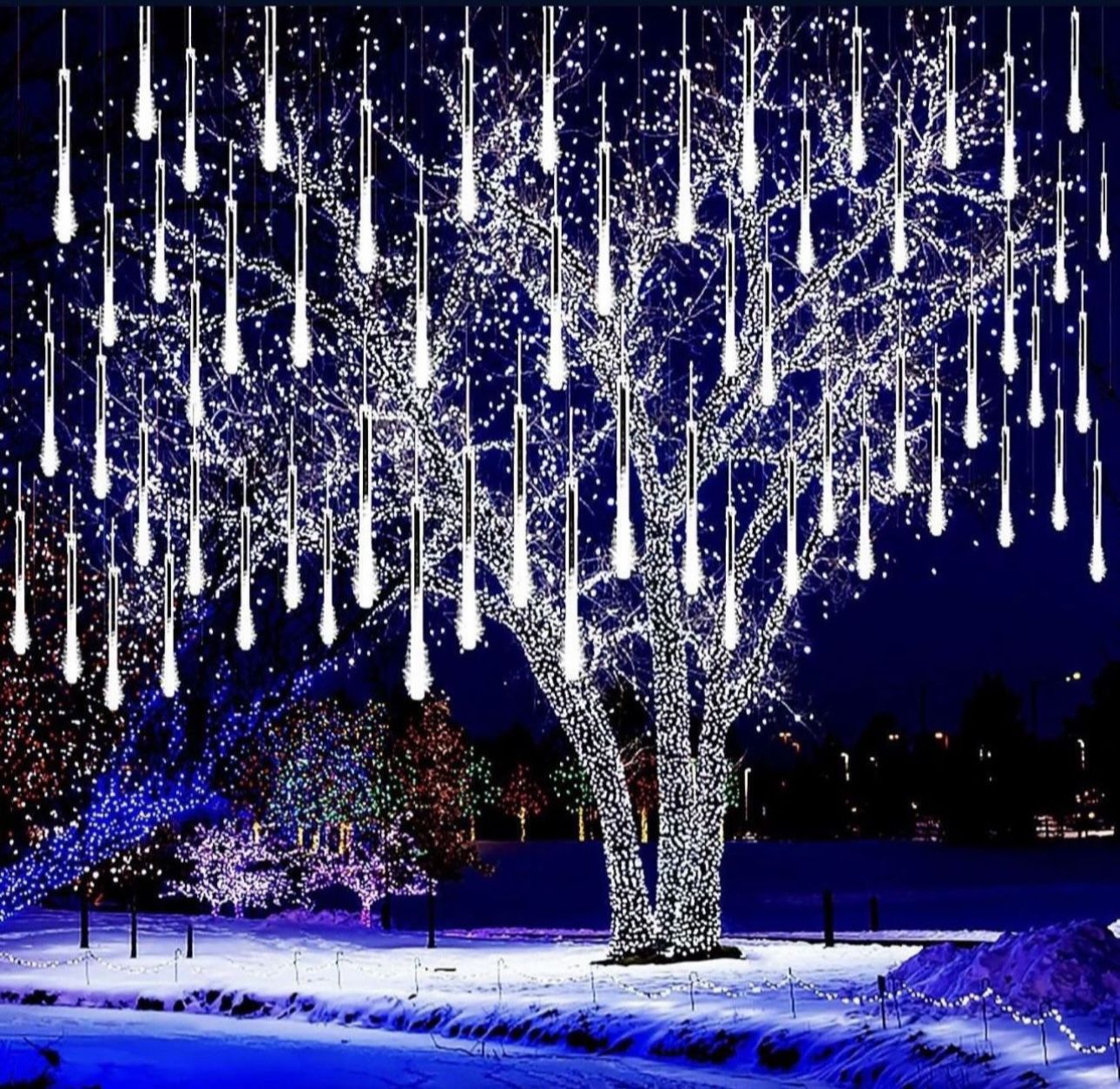  3 Sets - Christmas Lights Outdoor, Meteor Shower Lights Falling Rain Lights 12 inch 8 Tube 192 LED Snow Falling Icicle Cascading Lights 