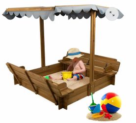 Wooden Sandbox with Cover, 48x48" Kids Sandbox with 2 Foldable Bench Seats