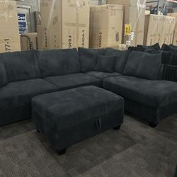 NEW Black Comfy Sectional With Storage Ottoman