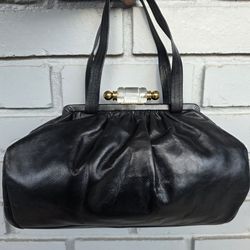 Vintage Black Leather Handbag with Lucite & Brass Frame Clasp | Mid-Century