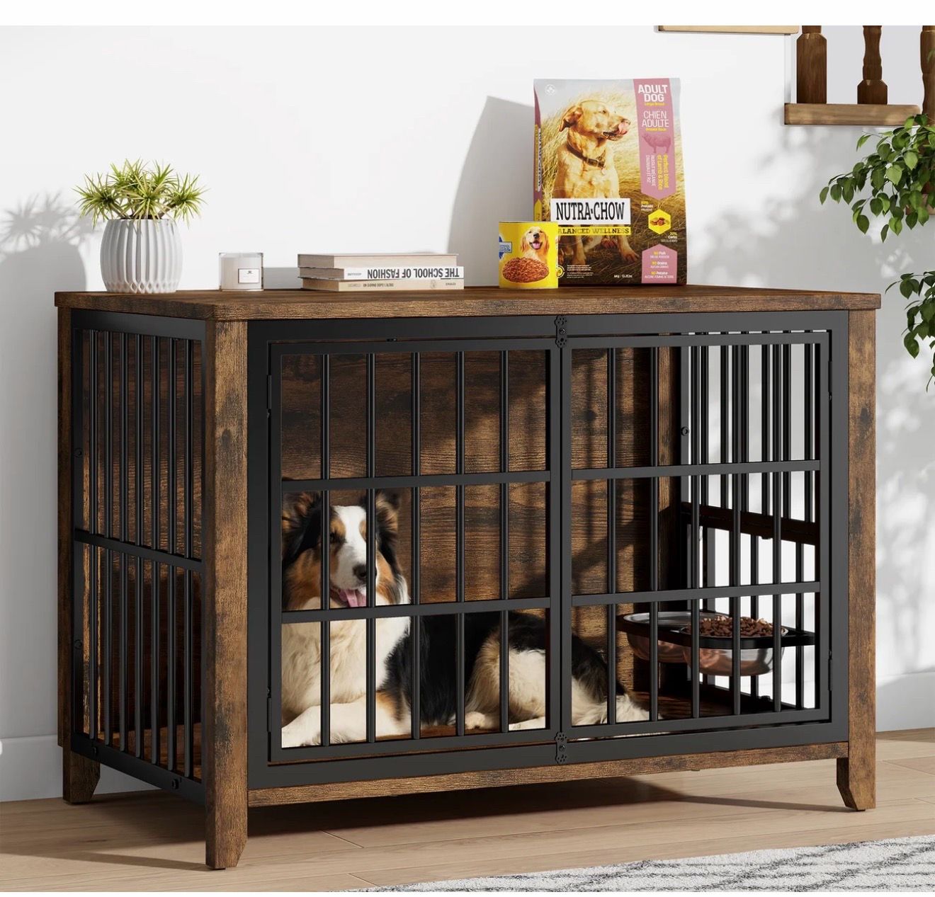 Brand New Large Wood Metal Dog Crate End Table Kennel Double Doors