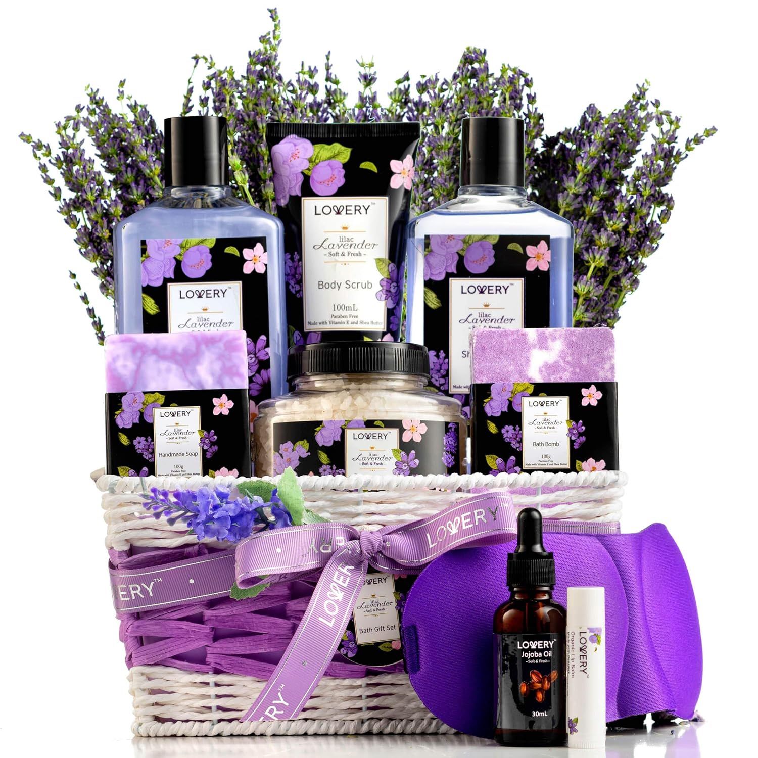 Spa Gift Basket, Lavender Bath and Body Soap Set, Oil, Bath Bomb Lip Balm