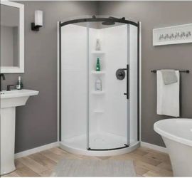 Ovation Curve 36 in. W x 72 in. H Round Sliding Semi Frameless Corner Shower Door in Matte Black with Clear Glass