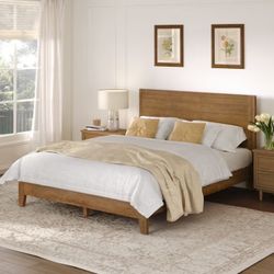 Queen Bed Frame with Headboard, Acacia Wood Platform, Non-Slip&Without Noise, Dark Wood