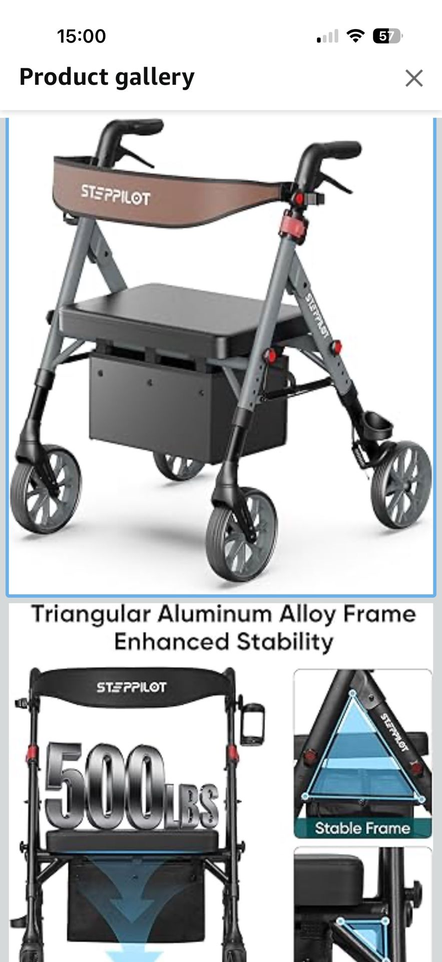 Foldable Aluminum Rollator Walkers with Cushion Seat for Senior, 16lbs Lightweight & 500 lbs Max Load, Adjustable 5-Level Seat Height & 6-Level Handle
