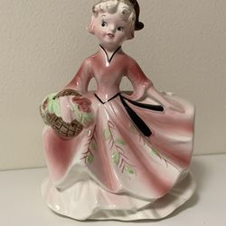 Vintage Calart Ceramics Girl Planter Decorative vase Pink Dress W/Basket Flower