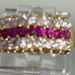 Vintage 1980's 14k Heavy Gold Electroplate Ring with Clear Rhinestones and Red Spinel