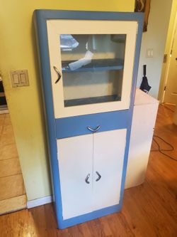 Vintage Mid-Century Metal Cabinet — Blue & White