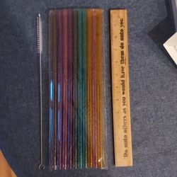 NEW Set of 10 Hard Plastic Wide Opening Multicolored 12" Reusable Straws with Brush