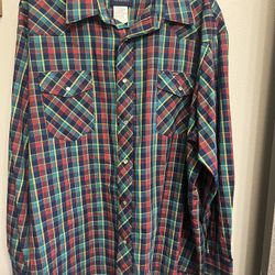 Men’s Wrangler Blue And Red Plain Long Sleeve Western Style Shirt Size