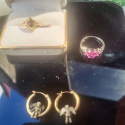Black Hills Gold Ring With Diamonds & Amethyst 10K Pink Sapphire Ring 14k Angel Earrings 