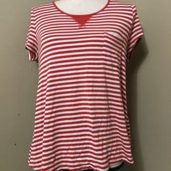 Kensie Women's M Orange White Striped Cap Sleeve T-shirt Top Stretch Pocket