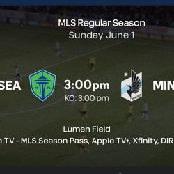 2 Tix Sounders Sun Jun 1 3PM, SEAvMIN, Section 132 