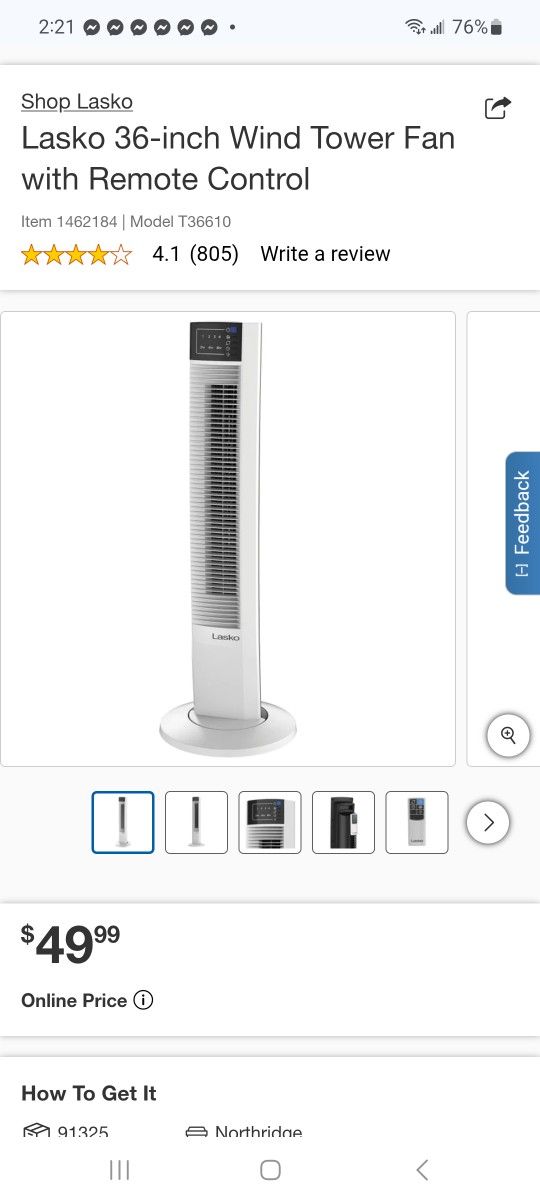 Lasko 36-inch Wind Tower Fan with Remote Control $35