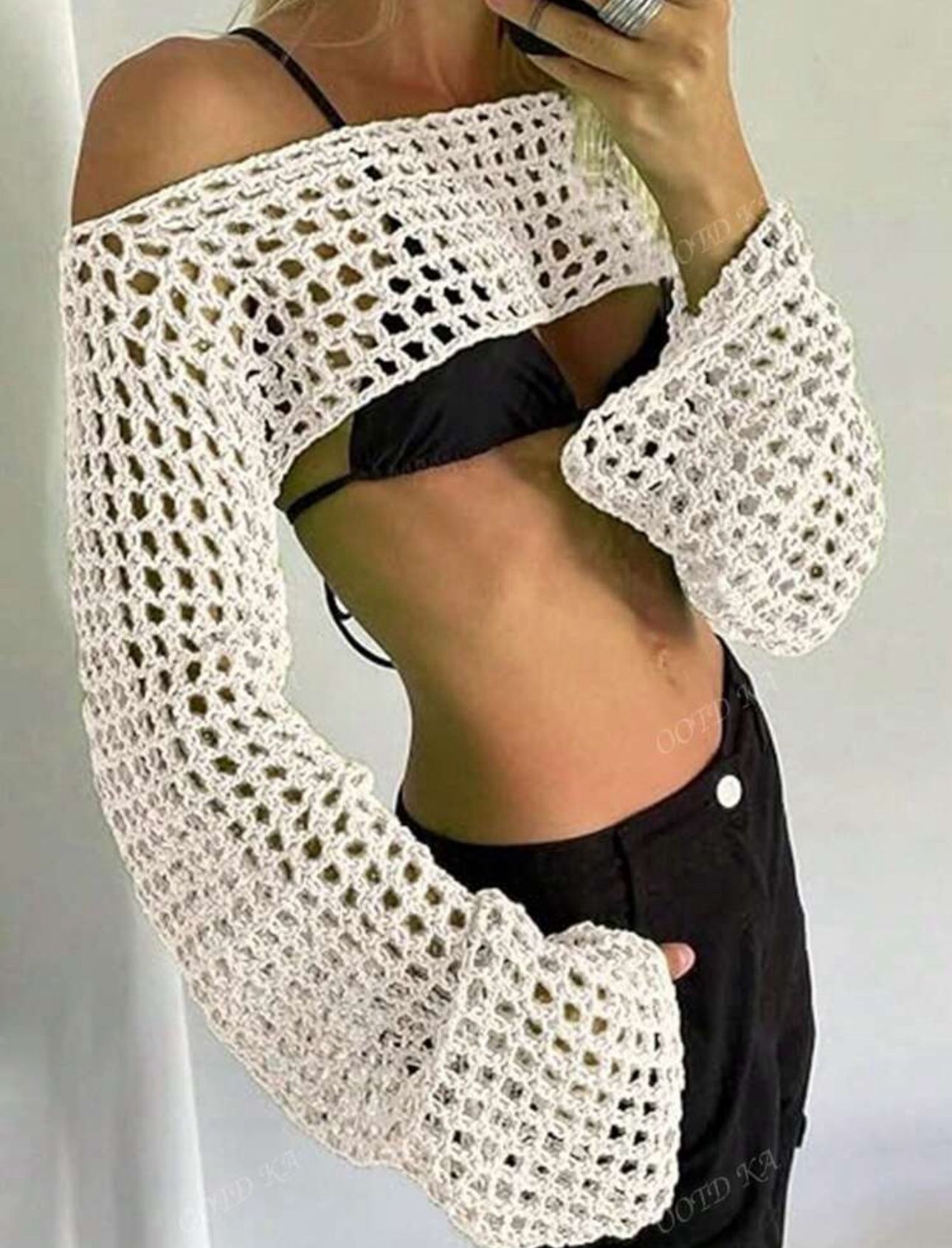 READY FOR BUY Holiday Beach Style Starfish Embroidery Design Ultra Short Long Sleeve Knit Sweater Pullover Sweater Hollow Out S