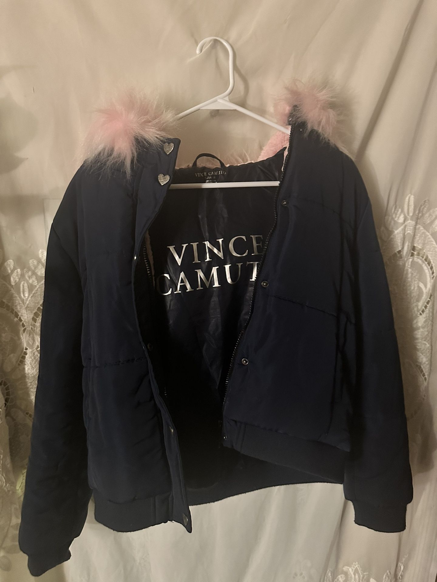 Vince camuto jacket - Sz L navy w/ pink fur collar super cute!