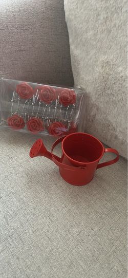 Red Rose Shower Curtain Hooks and Mini Watering Can