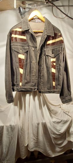 Custom black denim zebra hide jacket size large