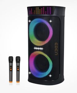 Large Wireless Bluetooth Party Speaker with Dual 6.5” Woofers, LED Lights, and Karaoke Microphone