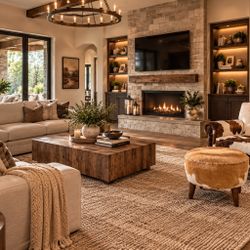 Beautiful Rustic Genuine Cowhide Accent Chair with Matching Round Ottoman – Western Ranch Style