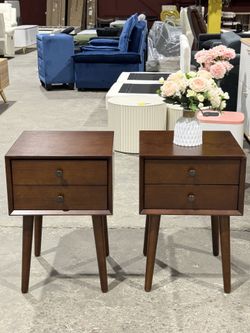 🔥Set of 2🔥Mid Century Modern Night Stand, Space Saving Nigtstand with 2 Big Drawers, Bedroom Bedside Coffee Table for Drink, Sofa Bed Side Desk Tabl