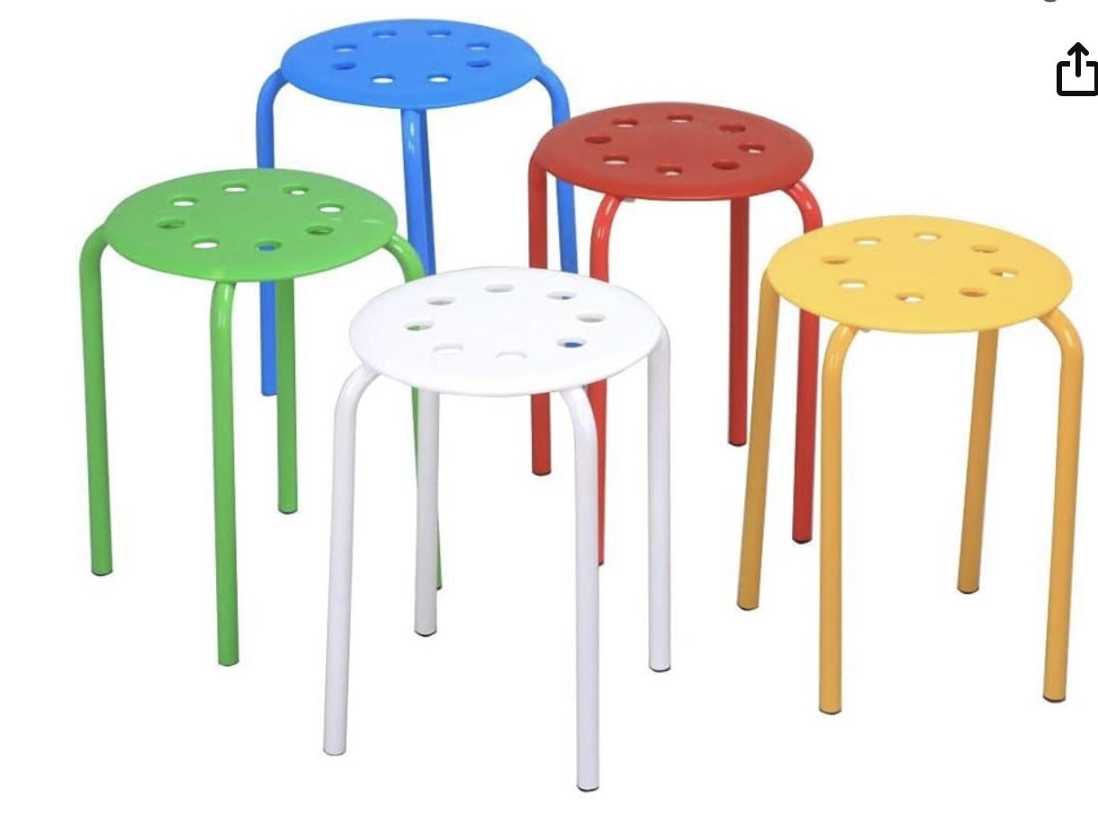 Set of 5 Classroom Stackable Stools Plastic Stack Stools Blue/Green/Red/White/Yellow Bar Stools Set 17.3in Height