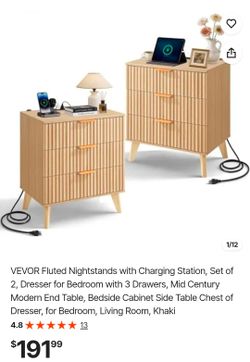VEVOR Fluted Nightstands with Charging Station, Set of 2, Dresser for Bedroom with 3 Drawers, Mid Century Modern End Table, Bedside Cabinet Side Table