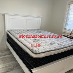 Queen size bed frame white wood with mattress