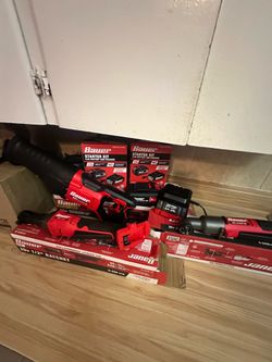 Bauer 20V Power Tool Set: Reciprocating Saw, 1/2" Ratchet, Angle Grinder, and Battery Starter Kits