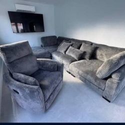 Seccional Gris Con Silla, Sillón Reclinable Mecedor,giratorio 