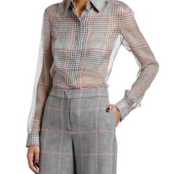 NWT Giorgio Armani Plaid Chiffon Button Front Classic Blouse    