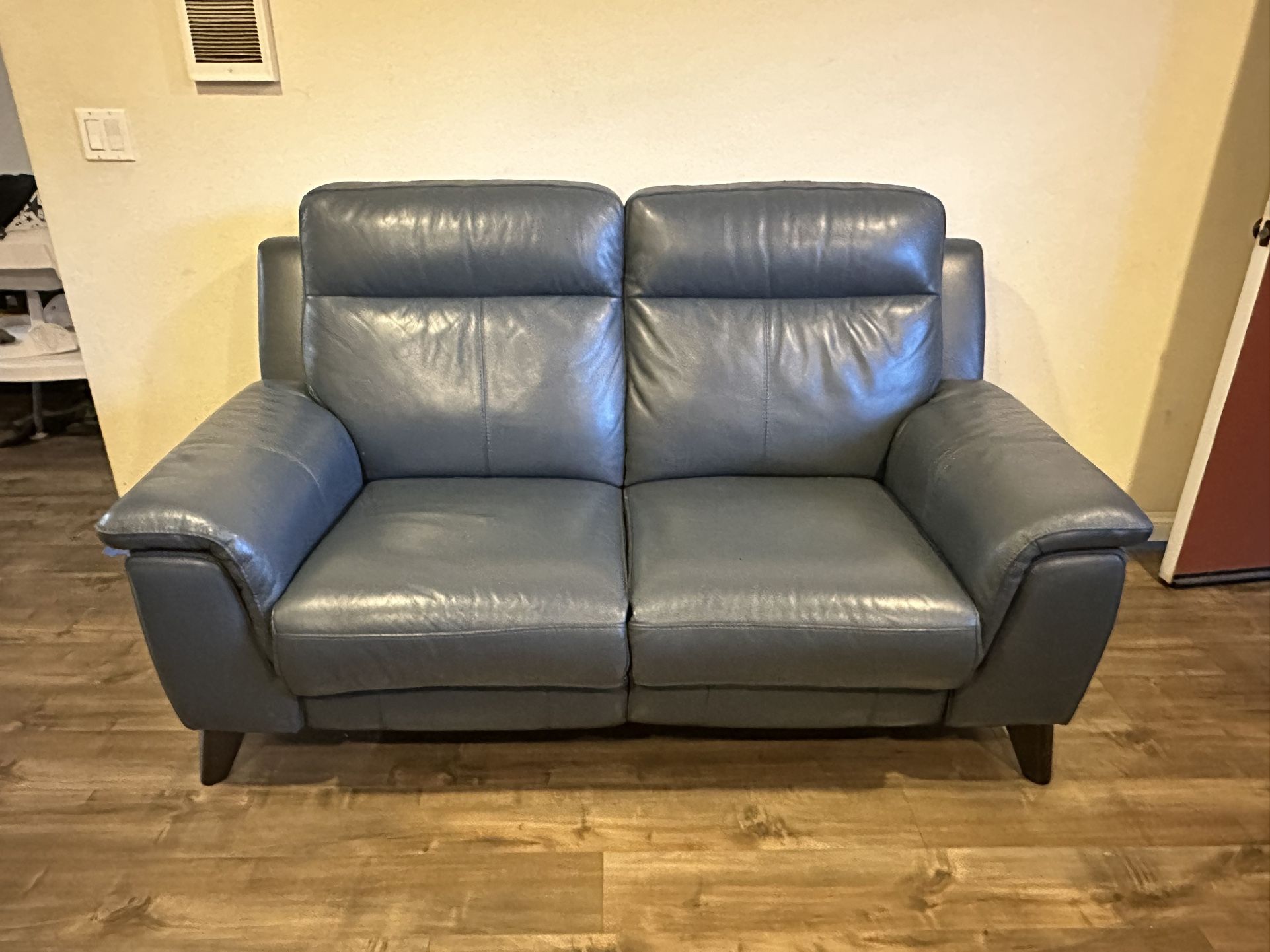 Living Spaces Moana Blue Leather Power Reclining Loveseat With USB