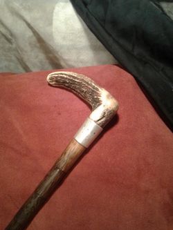 Antique Stag Antler Handle Smooth Bamboo Shaft Sterling Collar And Ferrule