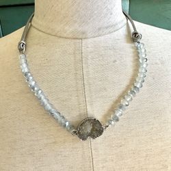 Blue Beaded Druzy Pendant Necklace 