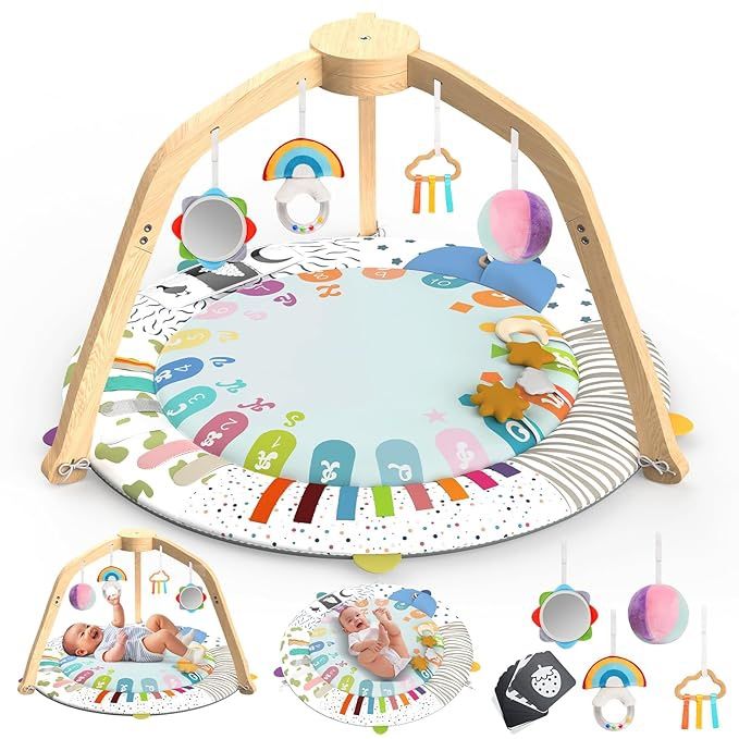 Brand New Baby Play Gym - Wooden Baby Tummy Time Play Mat with 5 Developmental Zones - Baby Gyms & Playmats with 4 Removble Toys - Removable Bab