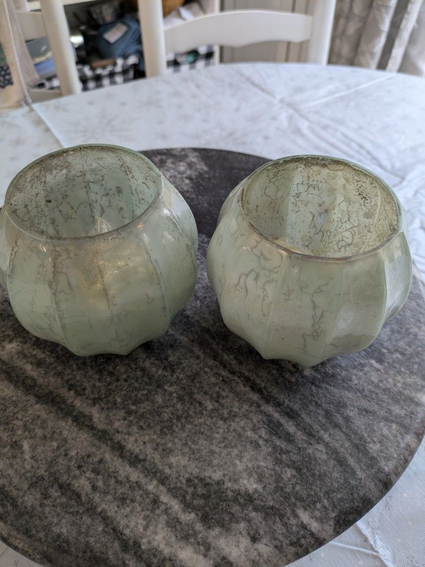 Aqua Green Glass Candle Holders & Gold Candles