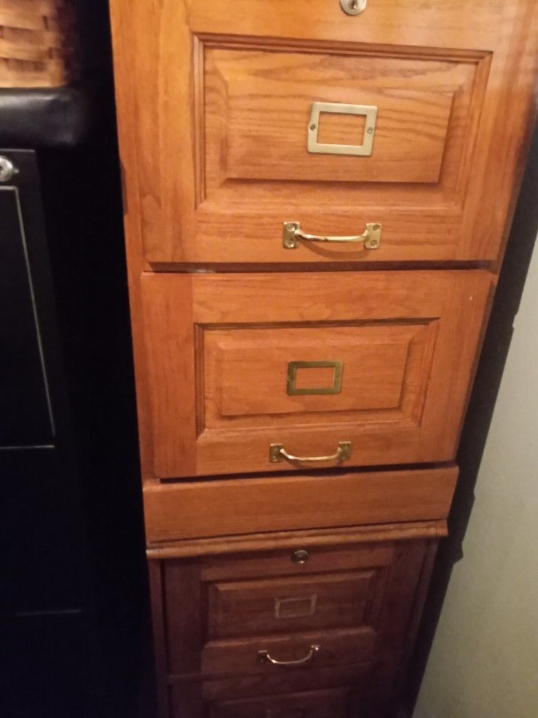 WOOD FILE CABINETS - SET OF 2 STACKED (GOOD CONDITION)