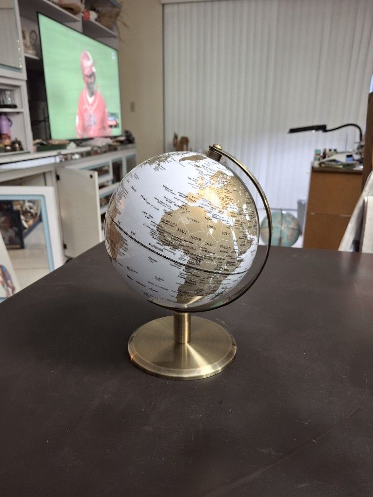 Golden White Rotating Globe Stand Educational Atlas 9" Overall Height - Mint Condition